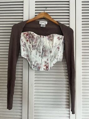 Bardot White Floral Corset Top with Brown Shrug